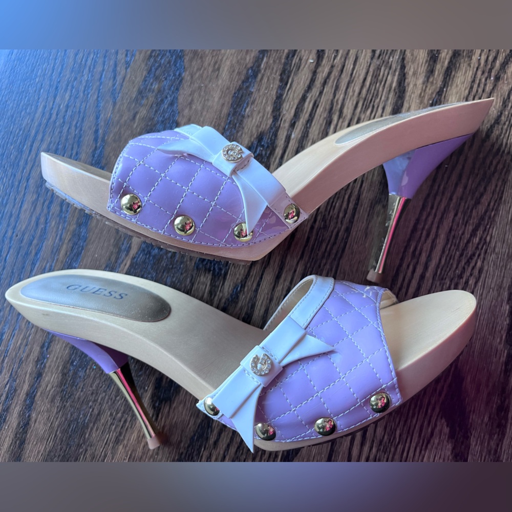 Guess pink and wood kitten heels